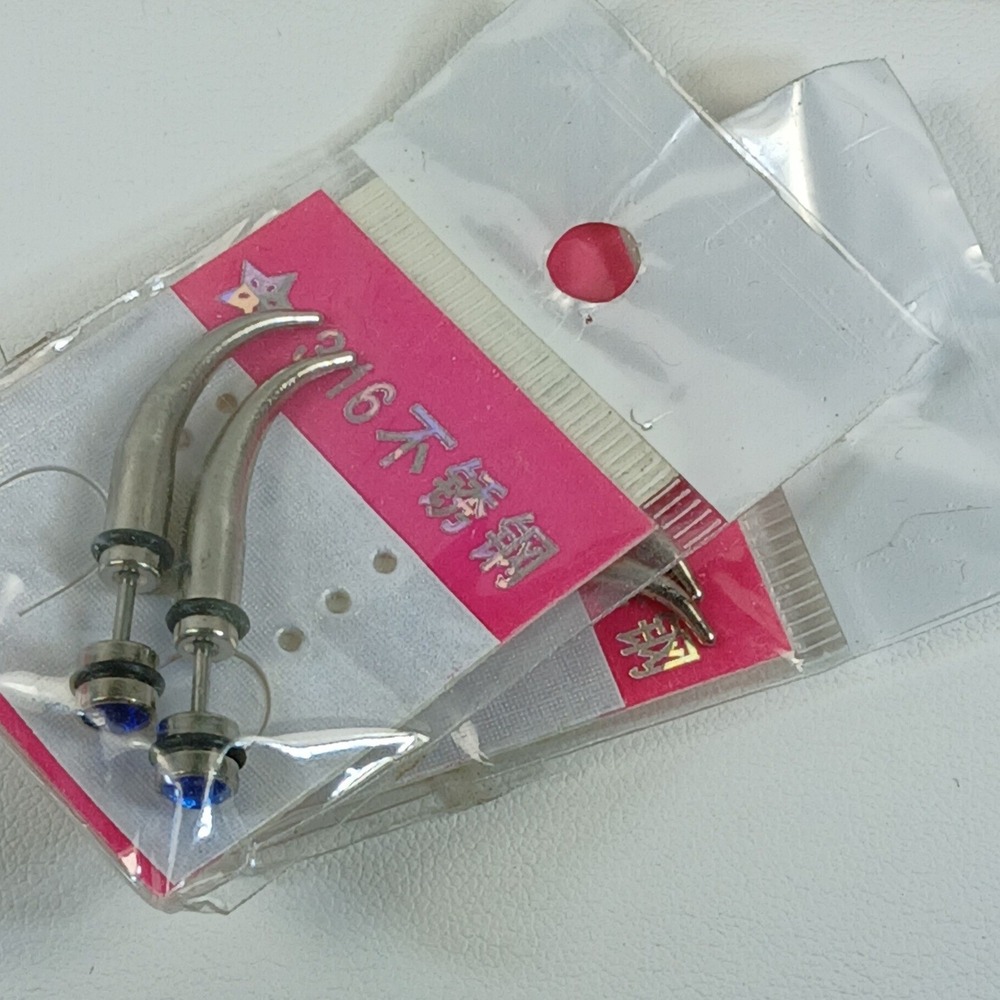 Vintage 90s 316L Steel 14G Faux Taper Claw Earrings Red Blue Rhinestone 2 Pair - Picture 9 of 14